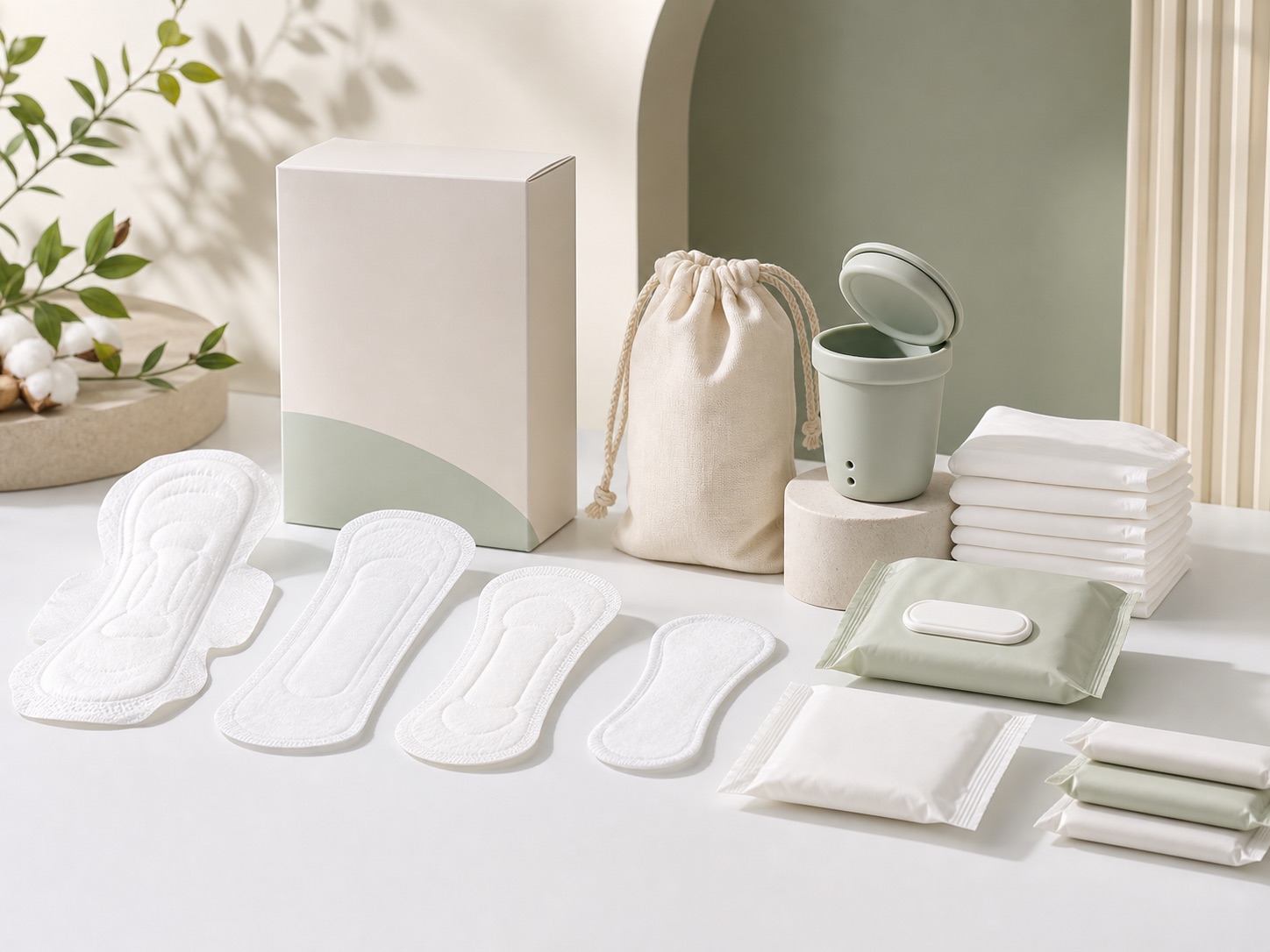 Private label sanitary pad and liner OEM bundle with wrappers, pads, and packaging blocks